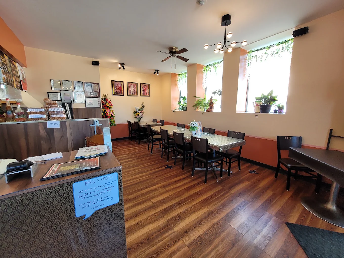 Dining room and front counter at Tom Yum Thai Restaurant on Sherbrook Street, Winnipeg, MB