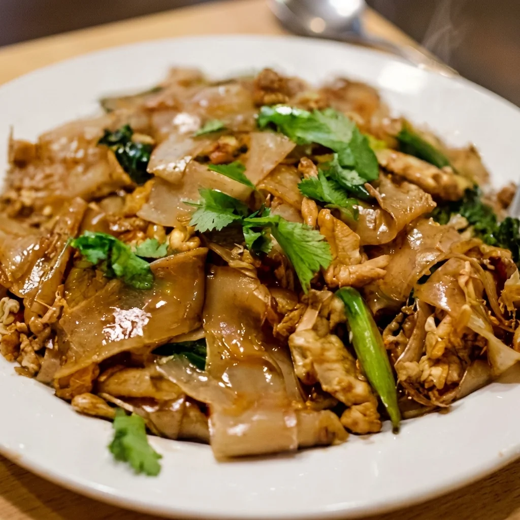 Pad see yue wide rice noodles stir-fried with chicken, Chinese broccoli and coriander at Tom Yum Thai Restaurant on Sherbrook Street, Winnipeg