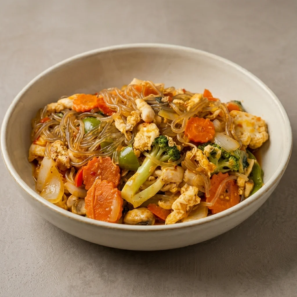Pad sukiyaki chicken noodles in spicy sukiyaki sauce, packed for Thai takeout in Winnipeg's West End