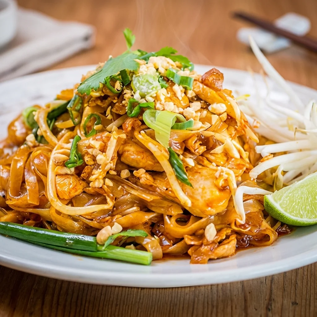 Pad thai beef with rice noodles, egg and crushed peanuts at Tom Yum Thai Restaurant in Winnipeg, MB